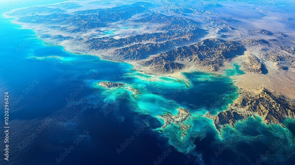 Aerial View of a Rugged Coastline with Turquoise Waters and Islands Aerial View of a Rugged Coastline with Turquoise Waters and Islands