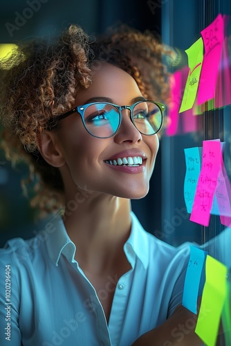 Young mixed race woman searching for post it notes at the office window during work hours photo