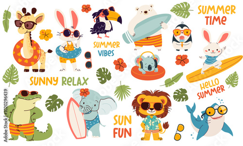 Set of vector illustrations in children's style on summer theme. Cute animals in sunglasses and surfboard. Lion polar bear penguin penguin shark toucan crocodile hare giraffe. Vector illustration