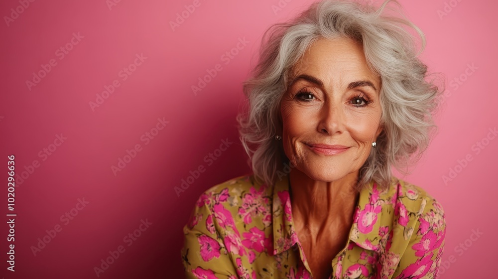 Delightful portrait of an older woman with playful gray hair, elegantly dressed in pink floral attire, expressing joy and warmth against a charming pink setting. Delightful portrait of an older woman with playful gray hair, elegantly dressed in pink floral attire, expressing joy and warmth against a charming pink setting.