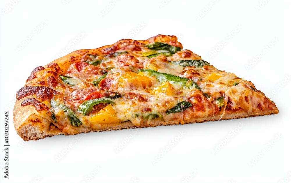 Whole vegetable pizza with crispy crust and melted cheese, one slice partially pulled, high-resolution image for restaurant menus or food delivery promotions Whole vegetable pizza with crispy crust and melted cheese, one slice partially pulled, high-resolution image for restaurant menus or food delivery promotions