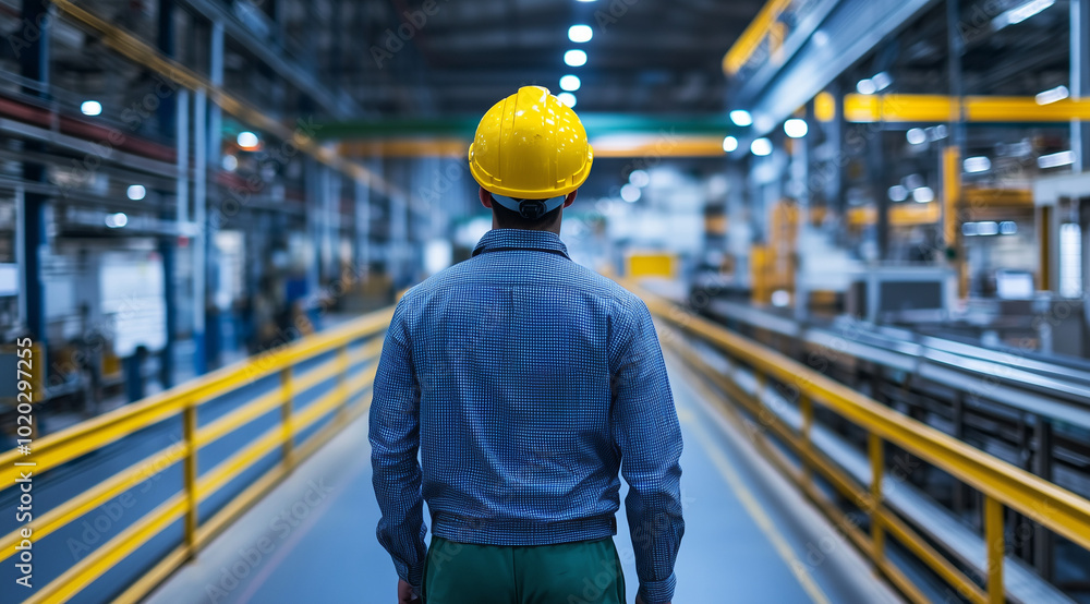 a man in a yellow helmet and coat walking through a modern factory hall, with soft lighting a man in a yellow helmet and coat walking through a modern factory hall, with soft lighting