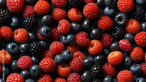 Vivid background of red and black wild berries in close-up detail and natural texture