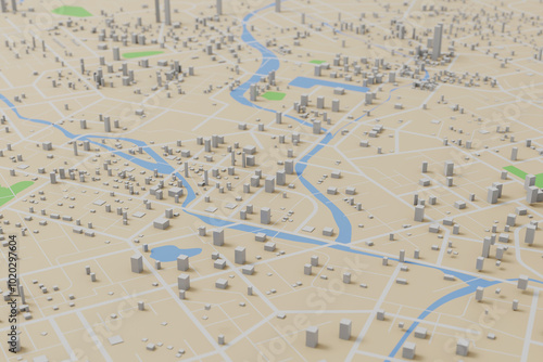 3D rendering city map illustration of a city map created using 3D modeling. Top view of Urban map with main road and sub road detailed representation of a city