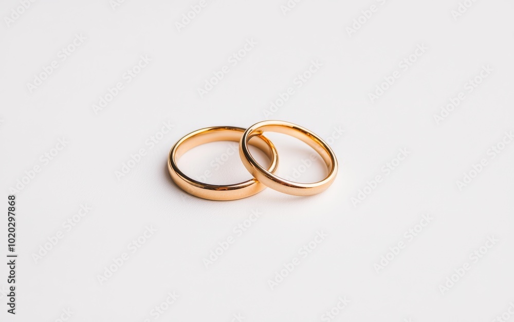 Elegant pair of golden wedding rings, overlapping each other, clean white background, ideal for marriage, engagement, or relationship-themed visuals Elegant pair of golden wedding rings, overlapping each other, clean white background, ideal for marriage, engagement, or relationship-themed visuals