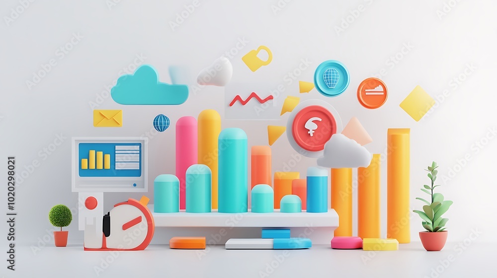 3D Illustration of Colorful Geometric Shapes, Icons, and Plants on a White Background 3D Illustration of Colorful Geometric Shapes, Icons, and Plants on a White Background