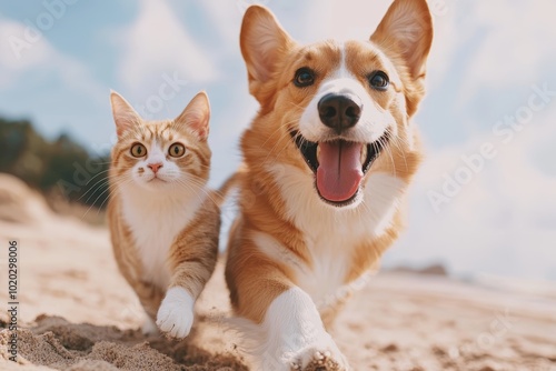 Energetic dog and curious cat enjoying a beach run together, capturing the joy of pets in nature, ideal for pet care brands, travel promotions, or outdoor lifestyle visuals