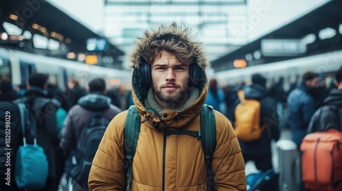 A determined young man with rugged beard and headphones stands amidst bustling crowd at a train station, clad in a warm brown coat, embodying urban resilience. photo