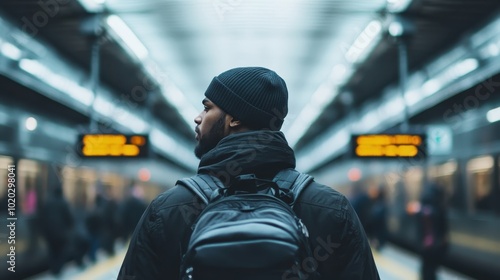 A bearded man in a black beanie and jacket stands in the subway, wearing a backpack, looking intently at something as bustling commuters pass by. photo