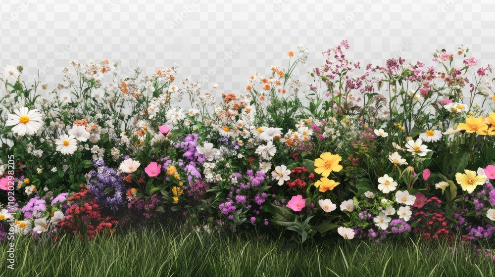A lovely flower garden with mixed blossoms and fresh grass, isolated on a transparent background, suitable for a variety of creative applications A lovely flower garden with mixed blossoms and fresh grass, isolated on a transparent background, suitable for a variety of creative applications