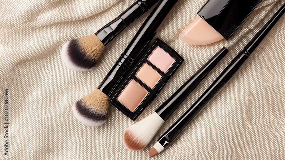 A stylish flat lay of various cosmetic brushes and palettes strategically placed on a textured fabric backdrop, with a warm light casting gentle shadows. The composition allows for ample copy space, A stylish flat lay of various cosmetic brushes and palettes strategically placed on a textured fabric backdrop, with a warm light casting gentle shadows. The composition allows for ample copy space,