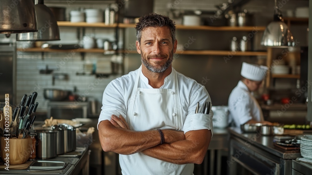 A confident chef stands with arms crossed, exuding pride amidst a modern kitchen, filled with culinary tools, capturing the essence of mastery and ambiance. A confident chef stands with arms crossed, exuding pride amidst a modern kitchen, filled with culinary tools, capturing the essence of mastery and ambiance.