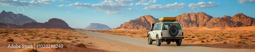 4x4 vehicle traveling through a desert with red rock formations