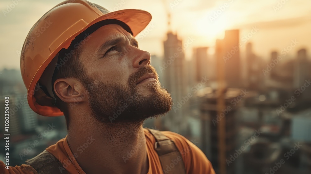 A focused construction worker wears a hard hat and gazes intently towards the city skyline at sunrise, symbolizing dedication and the beginning of a new day. A focused construction worker wears a hard hat and gazes intently towards the city skyline at sunrise, symbolizing dedication and the beginning of a new day.