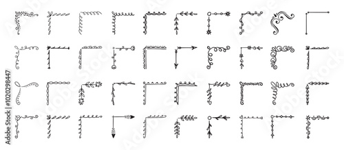 Doodle hand drawn corner border set with different shapes. Flourish, flower decoration. Isolated vector illustration for wedding, greeting banner design. sketch style Corners drawn by brush, pen.