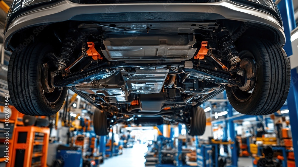 Fototapeta premium A car on a lift in an auto repair shop, with mechanics inspecting the underside for issues