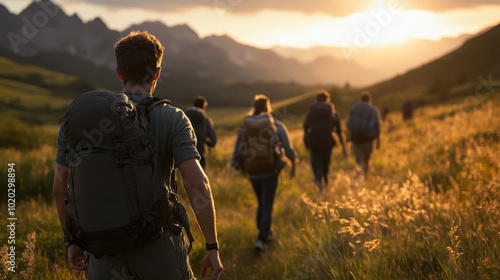 A group of hikers with backpacks walk through sunlit grass, surrounded by mountains, capturing the beauty of nature and adventure in the great outdoors.