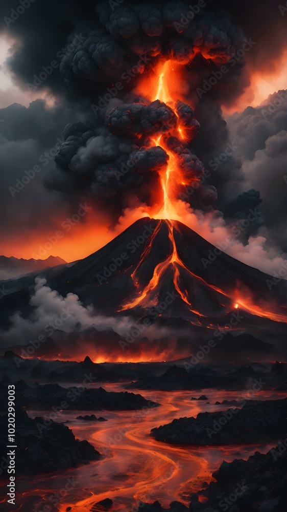 A dramatic sky filled with dark clouds of volcanic ash, with fiery orange tones visible near the horizon as lava flows in the distance
A dramatic sky filled with dark clouds of volcanic ash, with fiery orange tones visible near the horizon as lava flows in the distance