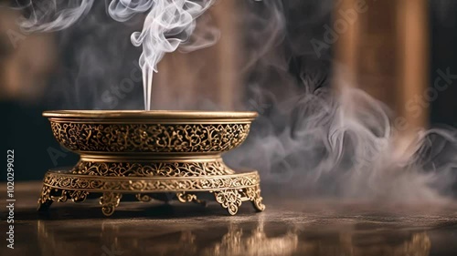 Ornate Incense Burner with Rising Smoke in Tranquil Setting, An intricate incense burner with delicate patterns releasing soft, flowing smoke in a serene ambiance