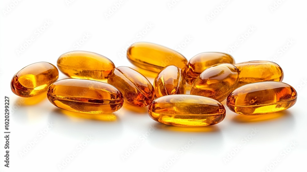 Close-up of a Scattering of Amber-Colored Softgel Capsules Close-up of a Scattering of Amber-Colored Softgel Capsules