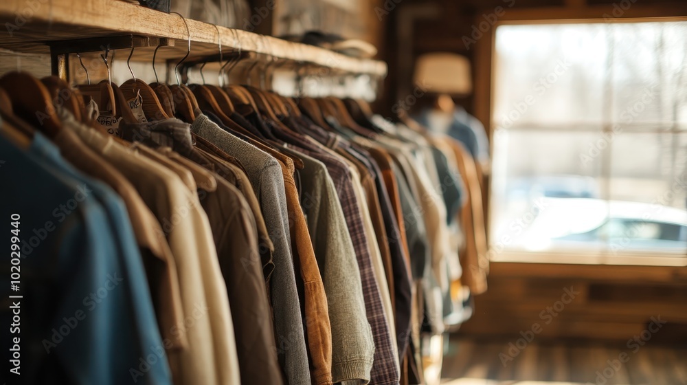 A rack filled with assorted warm and rustic-toned clothes illuminated by the natural light from a nearby window, capturing a cozy and inviting atmosphere. A rack filled with assorted warm and rustic-toned clothes illuminated by the natural light from a nearby window, capturing a cozy and inviting atmosphere.