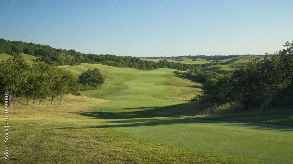 A golf course with green fairways and gentle slopes under a clear blue sky distant tree line in background A golf course with green fairways and gentle slopes under a clear blue sky distant tree line in background