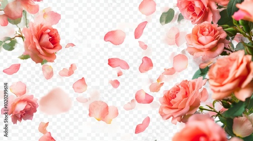 Close-up view of a flower garden with blooming roses and delicate petals set against a transparent background, perfect for floral-themed graphics.