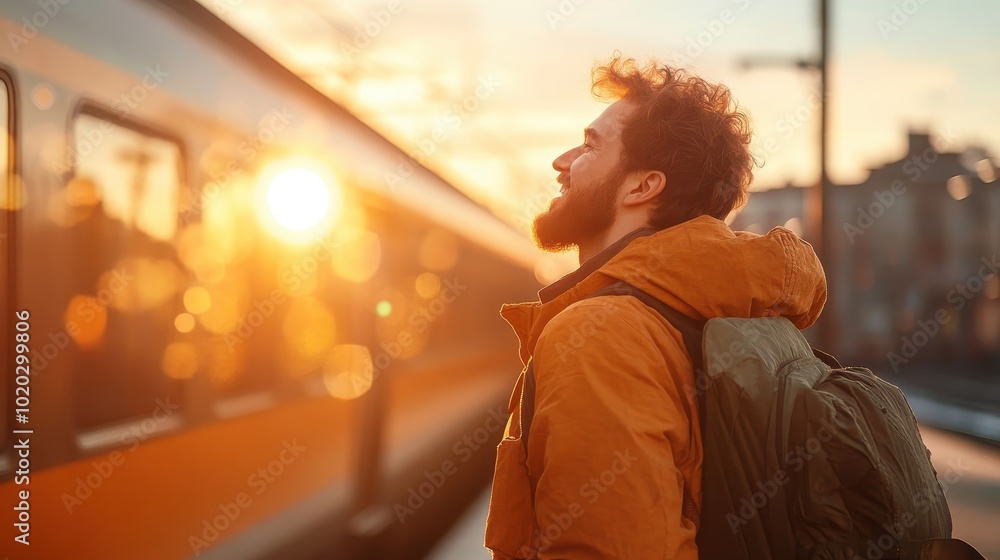 The image captures a bearded man in a warm jacket standing at a train station, looking joyfully towards the sunset, embodying travel and adventure vibes. The image captures a bearded man in a warm jacket standing at a train station, looking joyfully towards the sunset, embodying travel and adventure vibes.