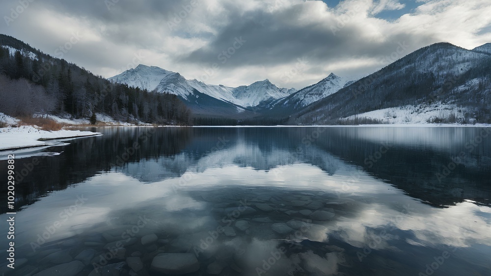 Winter Serenity: A Calm Lake Reflecting Snow-Covered Mountains Winter Serenity: A Calm Lake Reflecting Snow-Covered Mountains