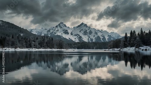 Winter Serenity: A Calm Lake Reflecting Snow-Covered Mountains