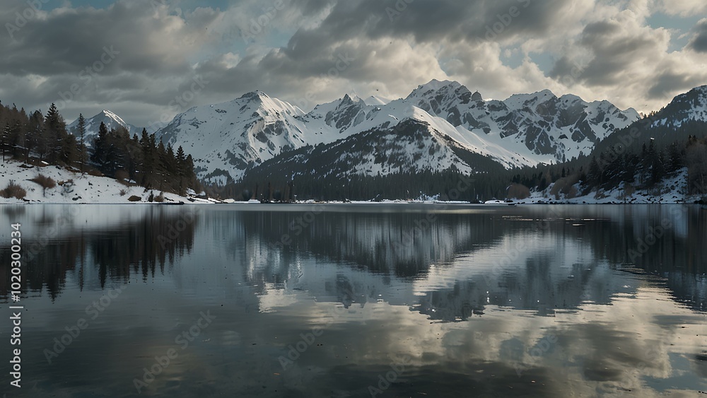 Winter Serenity: A Calm Lake Reflecting Snow-Covered Mountains Winter Serenity: A Calm Lake Reflecting Snow-Covered Mountains
