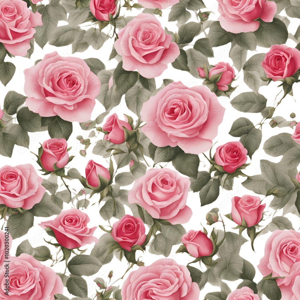 Delicate pattern of small pink roses on white background reminiscent of vintage wallpaper design
Delicate pattern of small pink roses on white background reminiscent of vintage wallpaper design