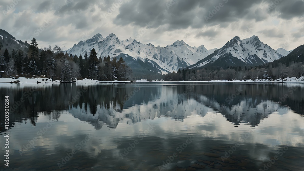 Winter Serenity: A Calm Lake Reflecting Snow-Covered Mountains Winter Serenity: A Calm Lake Reflecting Snow-Covered Mountains
