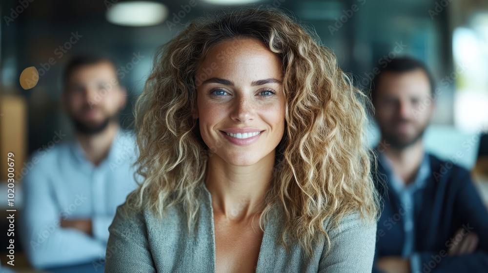 A blonde woman with a bright smile stands out against a blurred background of team members in a contemporary office, conveying leadership and teamwork spirit. A blonde woman with a bright smile stands out against a blurred background of team members in a contemporary office, conveying leadership and teamwork spirit.