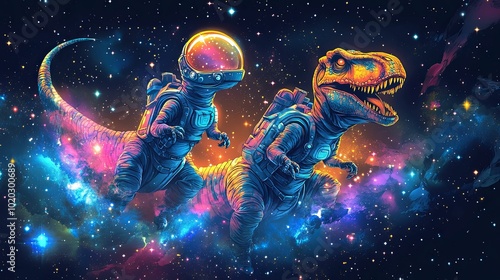 Astronaut Riding a Dinosaur in Space with Nebula photo