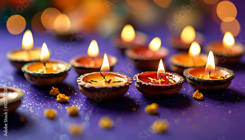 Colorful oil lamps beautifully illuminate a festive Diwali scene with a warm, glowing ambiance. Perfect for celebrating Indian culture, traditions, and the festival of lights. photo