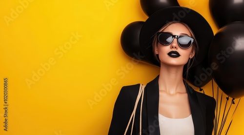 A fashionable woman with black balloons and a shopping bag against a yellow background, a fashion portrait photograph. Black Friday sale vibe poster photo