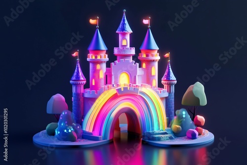 3D Fantasy Castle, Glowing rainbow bridge Background Wallpaper