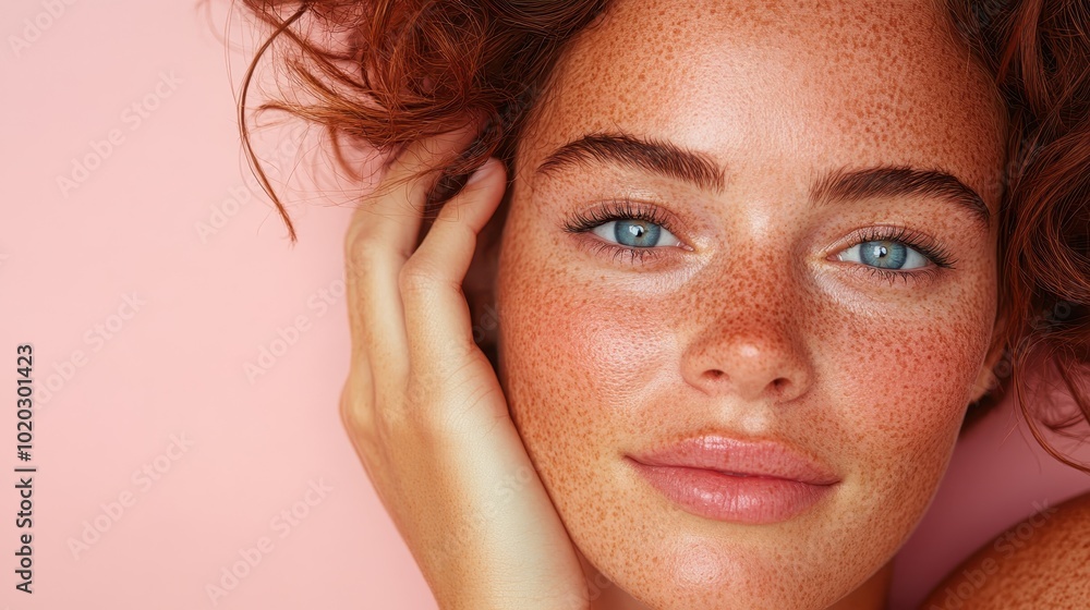 A close-up portrait of a woman with red hair and freckles, highlighted against a pink backdrop, emphasizing her vibrant blue eyes and natural beauty. Captivating and serene. A close-up portrait of a woman with red hair and freckles, highlighted against a pink backdrop, emphasizing her vibrant blue eyes and natural beauty. Captivating and serene.