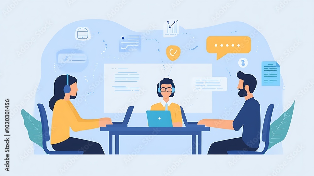 Two People Sitting at a Desk with Laptops and Using Headsets for Communication Two People Sitting at a Desk with Laptops and Using Headsets for Communication