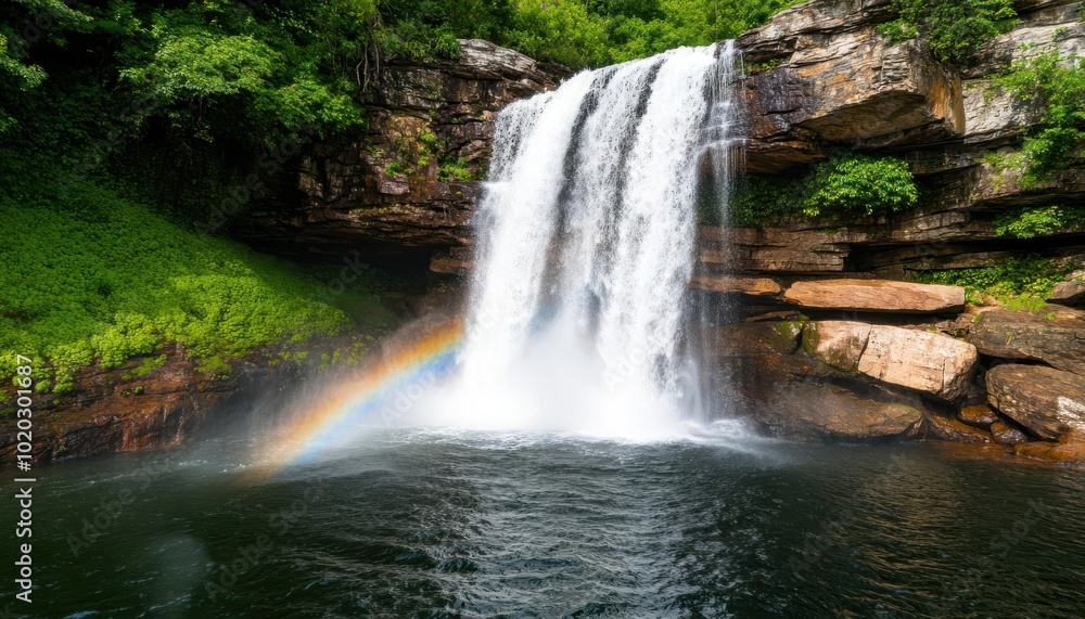 A waterfall generating mist and rainbows as it crashes into a pool below, symbolizing the beauty and strength of water, waterfall mist, natural water energy A waterfall generating mist and rainbows as it crashes into a pool below, symbolizing the beauty and strength of water, waterfall mist, natural water energy