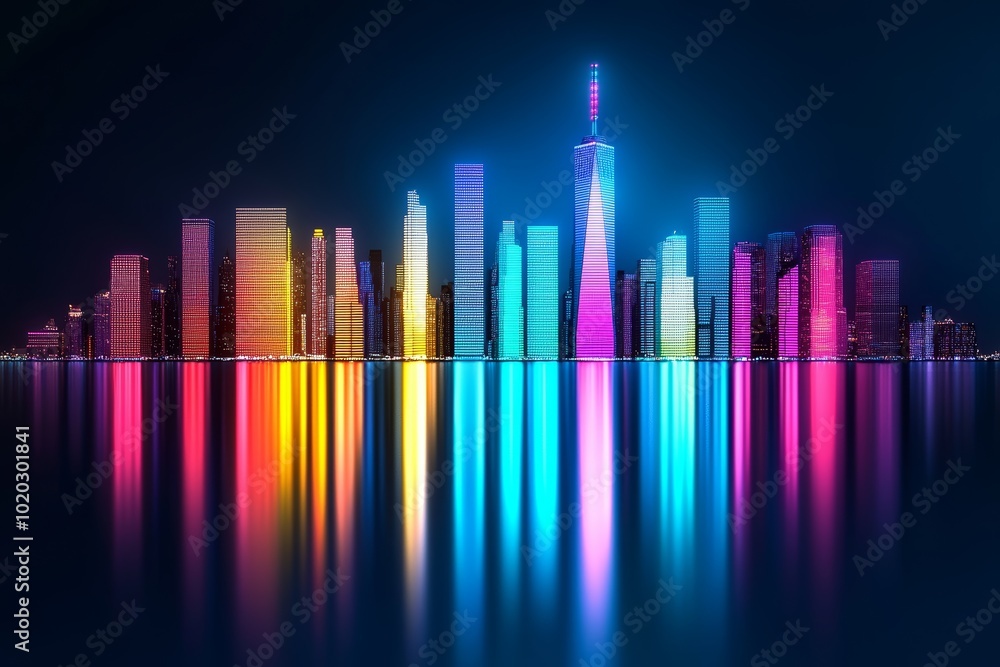 Neon-lit city skyline at night, colorful reflections in the water, vibrant urban scene with glowing skyscrapers, perfect for futuristic cityscapes or urban lifestyle visuals Neon-lit city skyline at night, colorful reflections in the water, vibrant urban scene with glowing skyscrapers, perfect for futuristic cityscapes or urban lifestyle visuals
