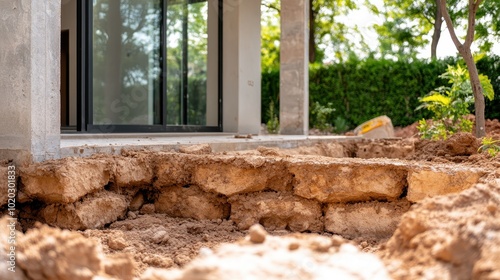 A detailed view of foundation work at a construction site, featuring concrete blocks stacked in trenches against a backdrop of partially complete walls. photo