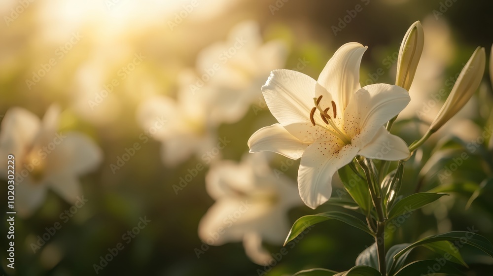 Naklejka premium Delicate white lilies enjoy the gentle morning light in a lush garden, with vibrant greens and serene surroundings enhancing their beauty and peaceful elegance.