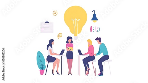 Four people in a brainstorming session with a lightbulb above them