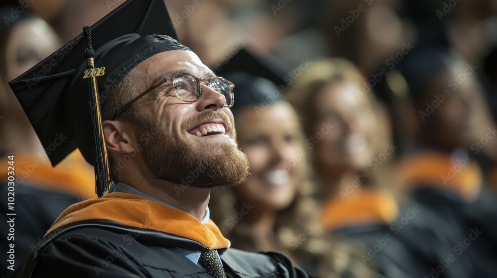 A seated graduate looks upward with hope and anticipation in a graduation ceremony, dressed in cap and gown. The image radiates optimism and future aspirations. A seated graduate looks upward with hope and anticipation in a graduation ceremony, dressed in cap and gown. The image radiates optimism and future aspirations.