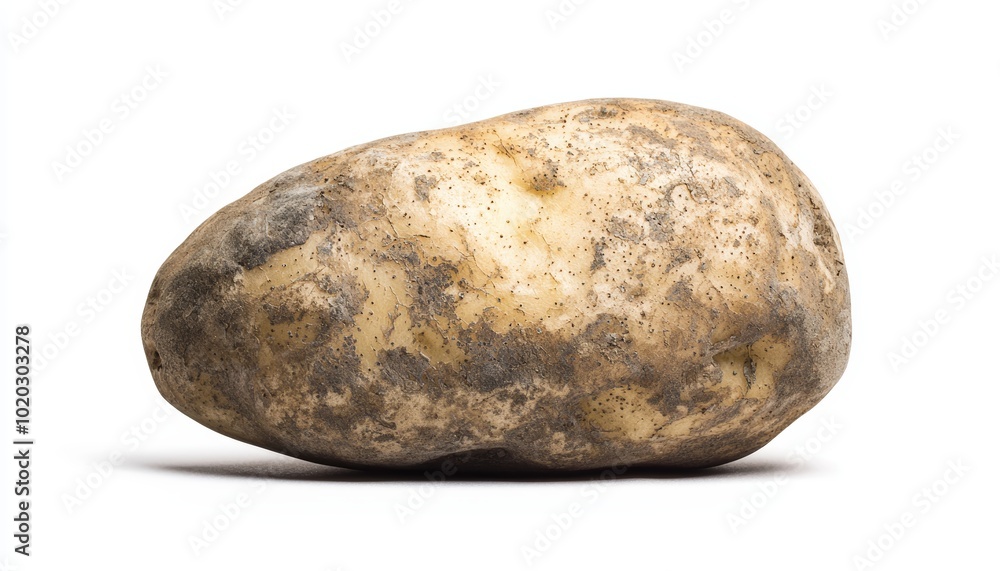 Realistic single potato, isolated on white, earthy tones and rough texture, perfect for agricultural themes, organic food markets, or culinary concepts Realistic single potato, isolated on white, earthy tones and rough texture, perfect for agricultural themes, organic food markets, or culinary concepts