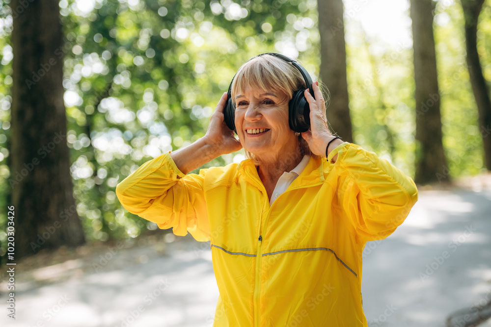 Senior woman in yellow sport coat is outdoors with headphones Senior woman in yellow sport coat is outdoors with headphones