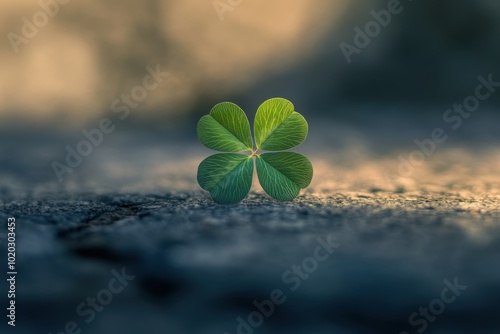 A dynamic angle view of a clover leaf lying elegantly on a textured surface in soft light