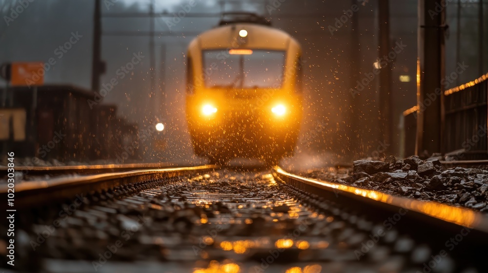 A sleek, modern train emerges through a rain-soaked scene, its headlights cutting through the droplets, suggesting forward momentum and contemporary advancements. A sleek, modern train emerges through a rain-soaked scene, its headlights cutting through the droplets, suggesting forward momentum and contemporary advancements.